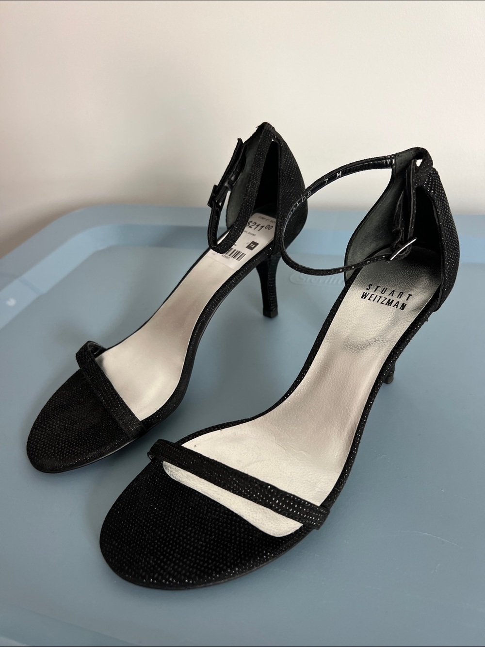 Stuart Weitzman open toe heels sandals black sparkly size 7